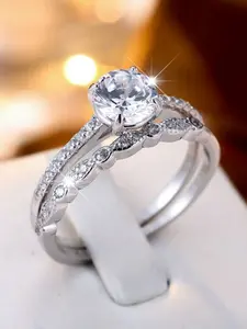 S925 Sterling Silver Artificial Zircon Ring Set, Elegant Claddagh Design, Wedding Engagement Rings for Bride Groom, Includes Box, 2 Piece Set