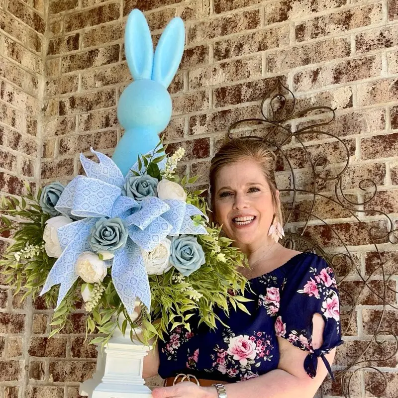 Little Boy Blue.   Blue Flocked Easter Bunny Centerpiece. table decor. candle pillar centerpiece