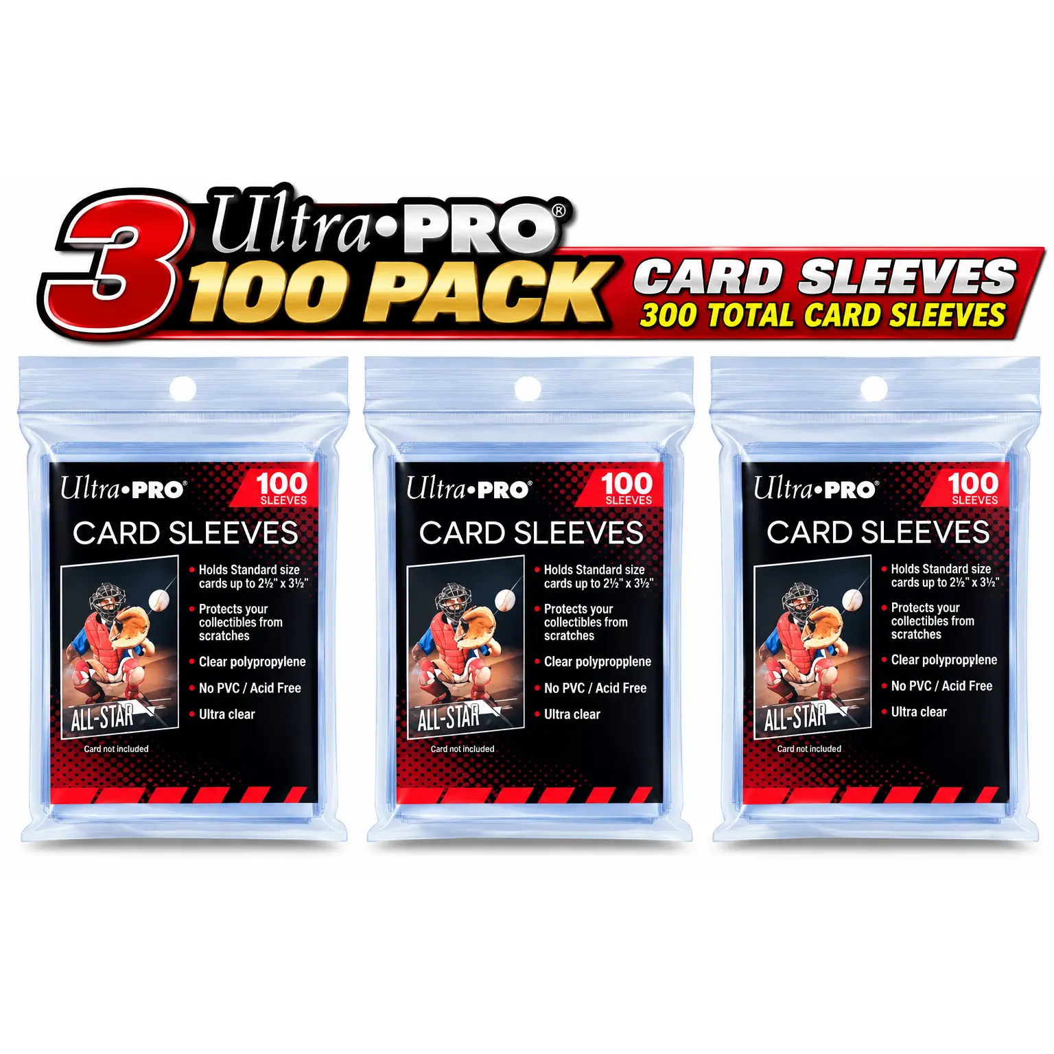 Ultra-Pro 3 Ultra Pro 100 Pack Card Sleeves - 300 Total Ultra Clear Sleeves for Standard Size Cards Up to 2.75" x 3.5"