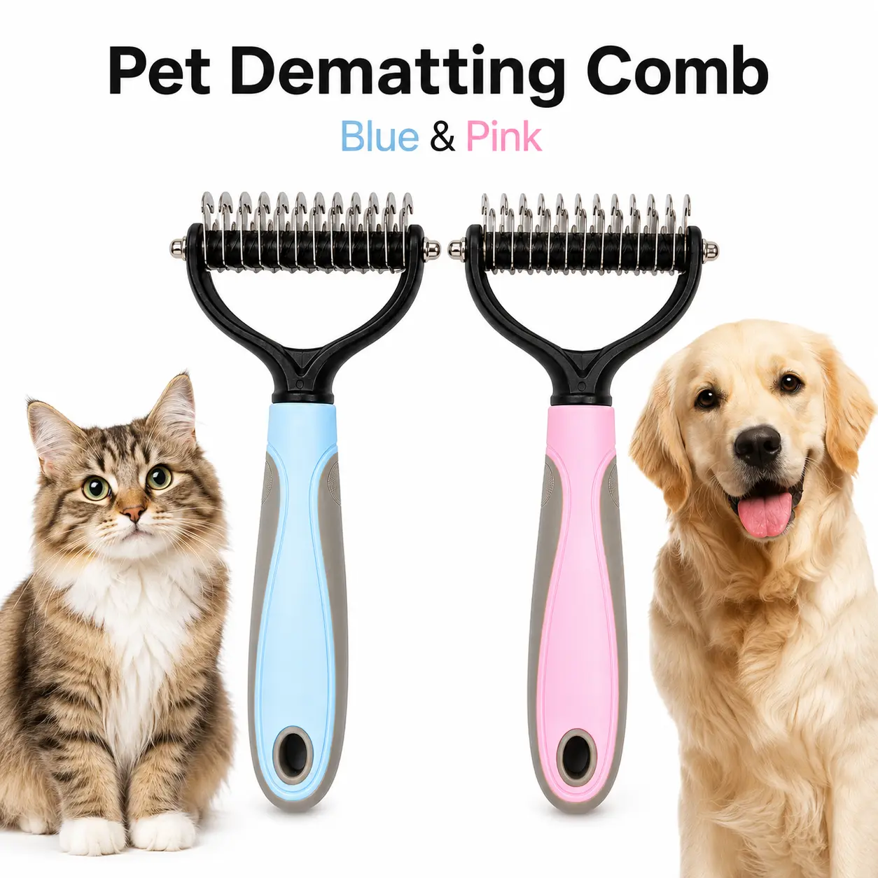 Tangle Removing Pet Grooming Rake for Long-Hair Dogs & Cats – Gentle Undercoat Comb for Loose Fur, Knots and Thick Coats