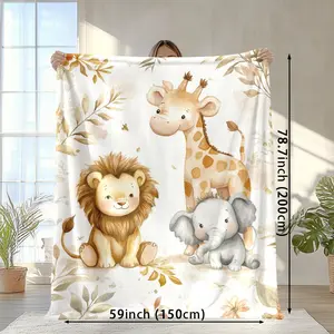 Cute Lion Elephant Print Flannel Throw Blanket, Soft Comfortable Sofa Cover, Bed Office Camping Travel, All Seasons Warm Plush Blanket
