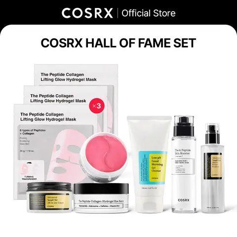 [COSRX Official] Anti-Aging Face Lifting & Firming Skincare Set - Low pH Cleanser, Collagen Eye Patch, 6-Peptide Skin Booster Serum, Snail Mucin Essence, Snail Mucin Cream, 3 Lifting Hydrogel Masks (Pore-Refining, Radiant Skin)