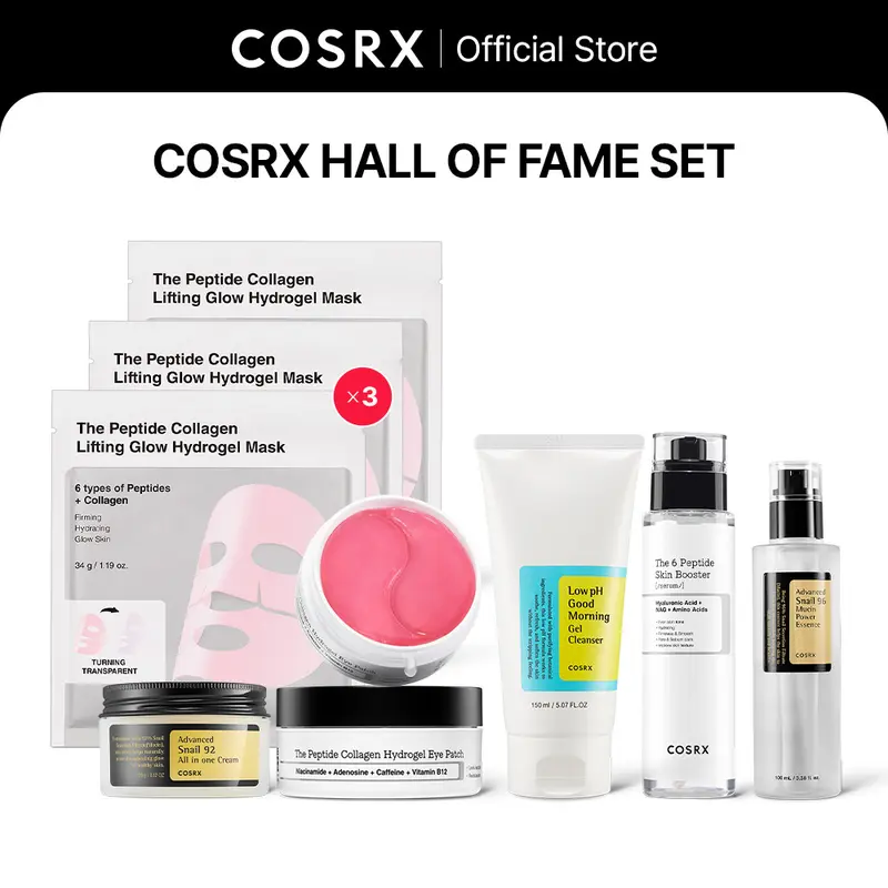 [COSRX Official] Anti-Aging Face Lifting & Firming Skincare Set - Low pH Cleanser, Collagen Eye Patch, 6-Peptide Skin Booster Serum, Snail Mucin Essence, Snail Mucin Cream, 3 Lifting Hydrogel Masks (Pore-Refining, Radiant Skin)