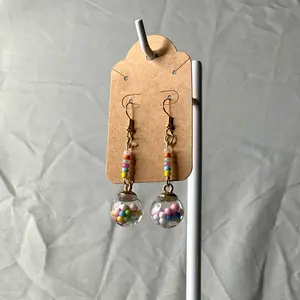 Gumball Dangly Earrings Hypoallergenic Golden 2.5" Dangle with Colorful Beads and Glass Gumball Design