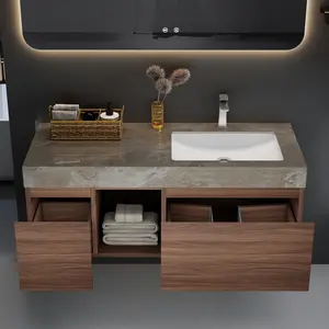 47.6" Wall Mounted Single Bathroom Vanity With Grey Stone Top, Modern floating Vanities with Solid Wood, 2 Drawers Furniture Cabinet