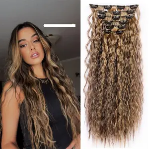 6PCS Clip in Hair Extensions 22" Synthetic Long Curly Wavy Hair Extensions Natural Thick Deep Wave Hairpieces for Women Honey Blonde mix Brown Color