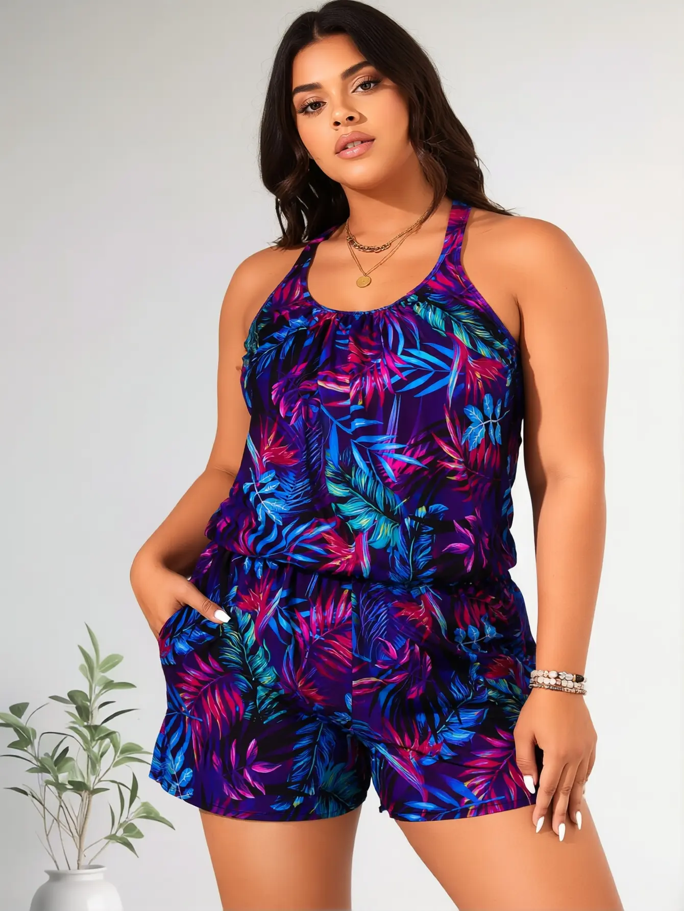 Strapless Tankini Swimsuit for Women, Dark Leaf Print 2-Piece Beachwear, Quick Dry & Machine Washable, Breathable, Dark-Colored, 3Xl, 2Xl, Two-Piece