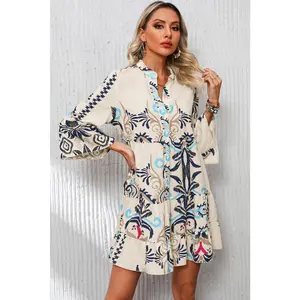 White Printed Tribal Bracelet Sleeve Buttoned Mini Dress