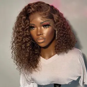 Brown Bob Wig Human Hair 13x4 HD Lace Front Wig Human Hair #4 Bob Wigs Pre Plucked Natural Hairline 180% Density Colored Curly Bob Lace Frontal Wigs for Black Women
