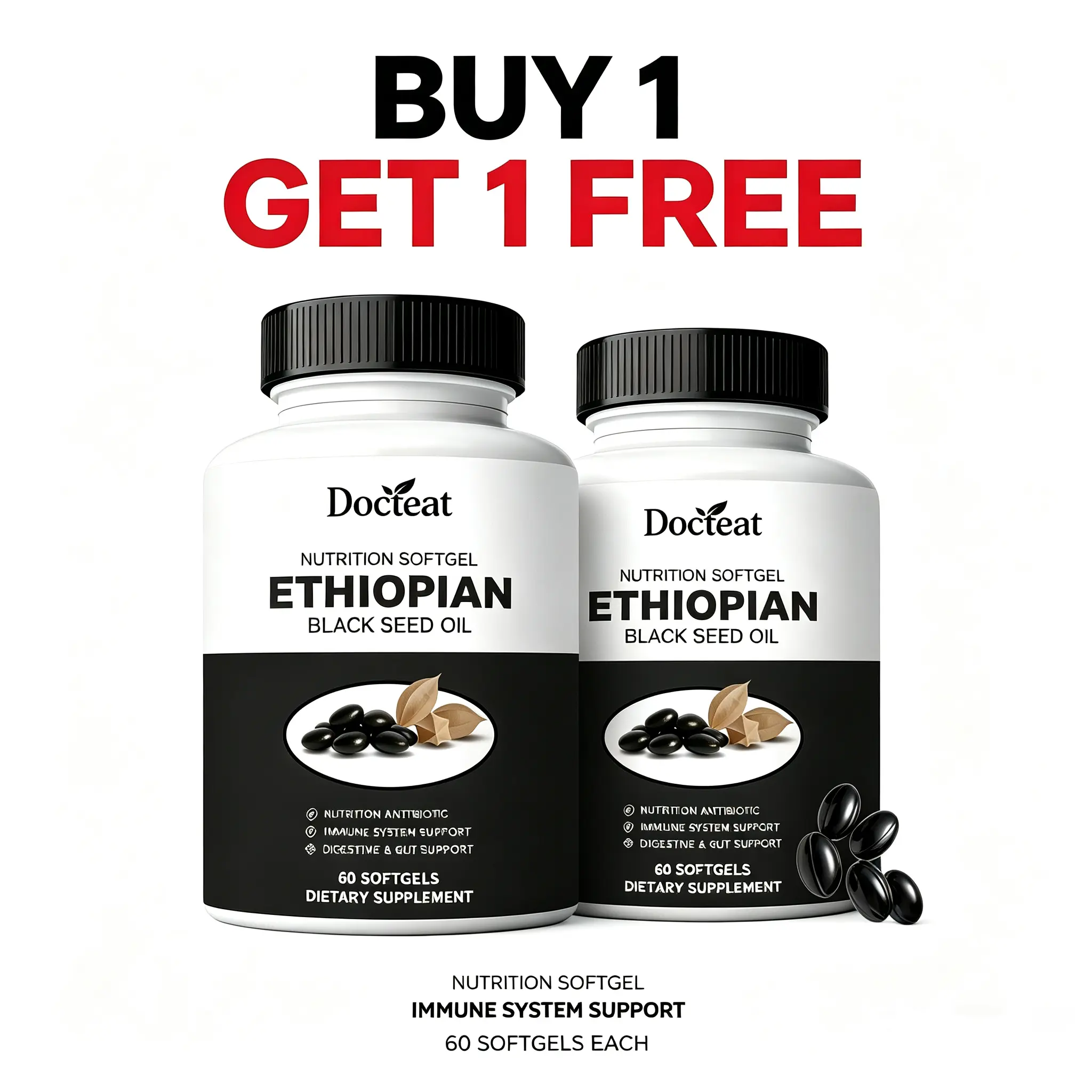 Buy 1 Get 1 Free | Docteat Ethiopian Black Seed Oil Softgels, 2 Bottles Total 120 Capsules, Vitamin C & D3 Blend Daily Dietary Supplement, Supports Immune Wellness, Gut Digestive Health & Natural Energy Balance Healthcare Fitness