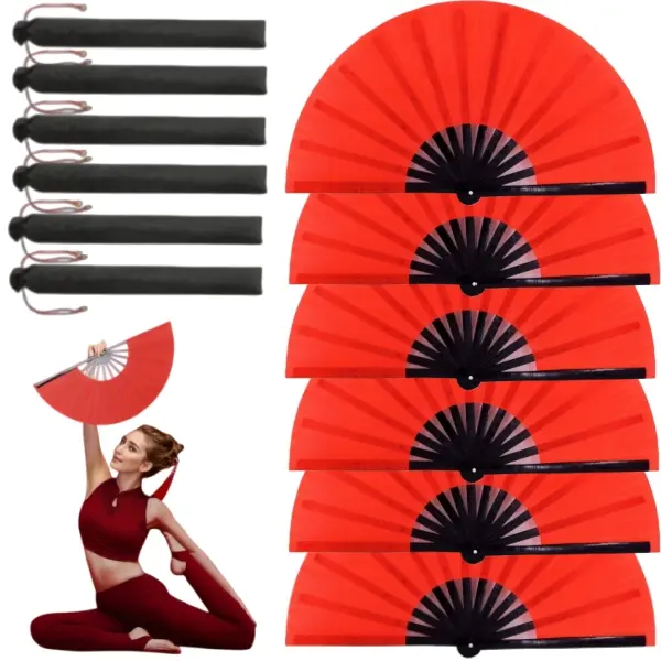 6 Set 13 Inches Large Folding Fan Rave Fan Popping Fans for Line Dancing Clacking Fans for Boots On The Ground Dance,Party,Decoration,Festival.Red