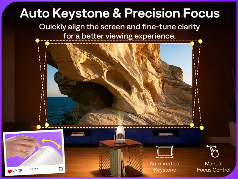 Auto vertical keystone and manual focus adjustment