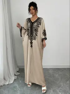 Muslim Women's V Neck Floral Fashion Loose Printed Long Dress, Casual Elegant Modest Clothing for Spring & Fall Seasons, Modest Style Dress, Gamis Clothes
