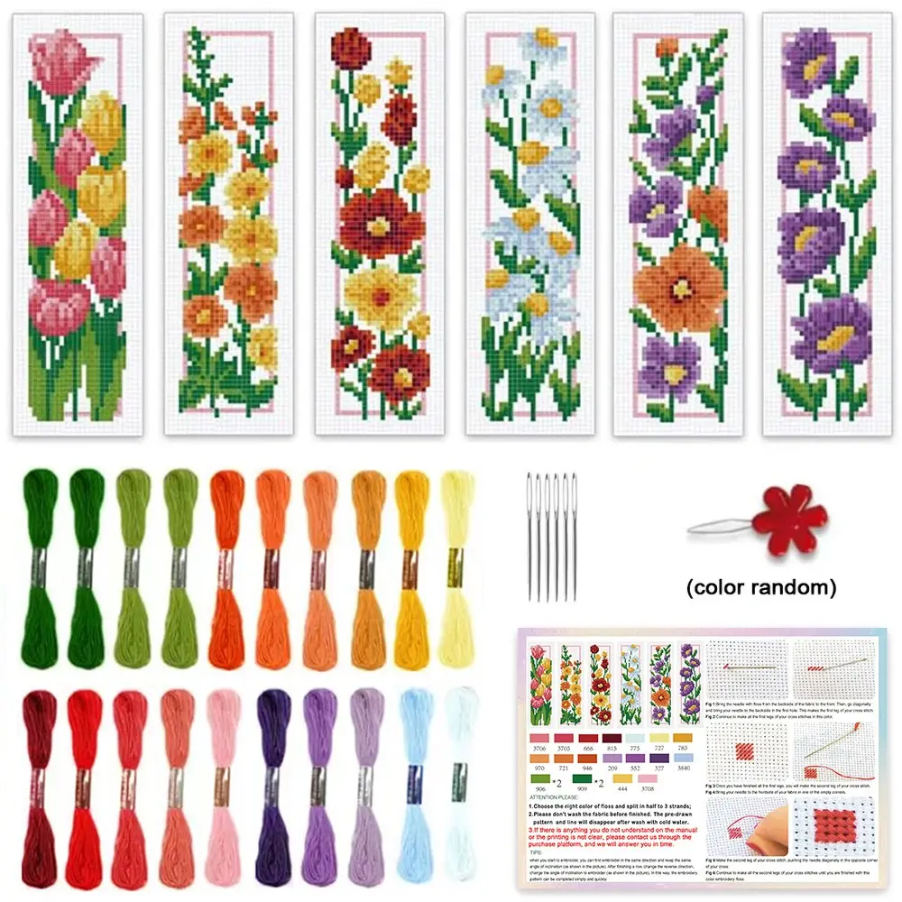 6-Piece Floral Theme Cross Stitch Bookmark DIY Kit, Beginner-Friendly Craft Set, Unique Fabric Bookmarks, Home Decor, Book Accessories, Random Colors Included