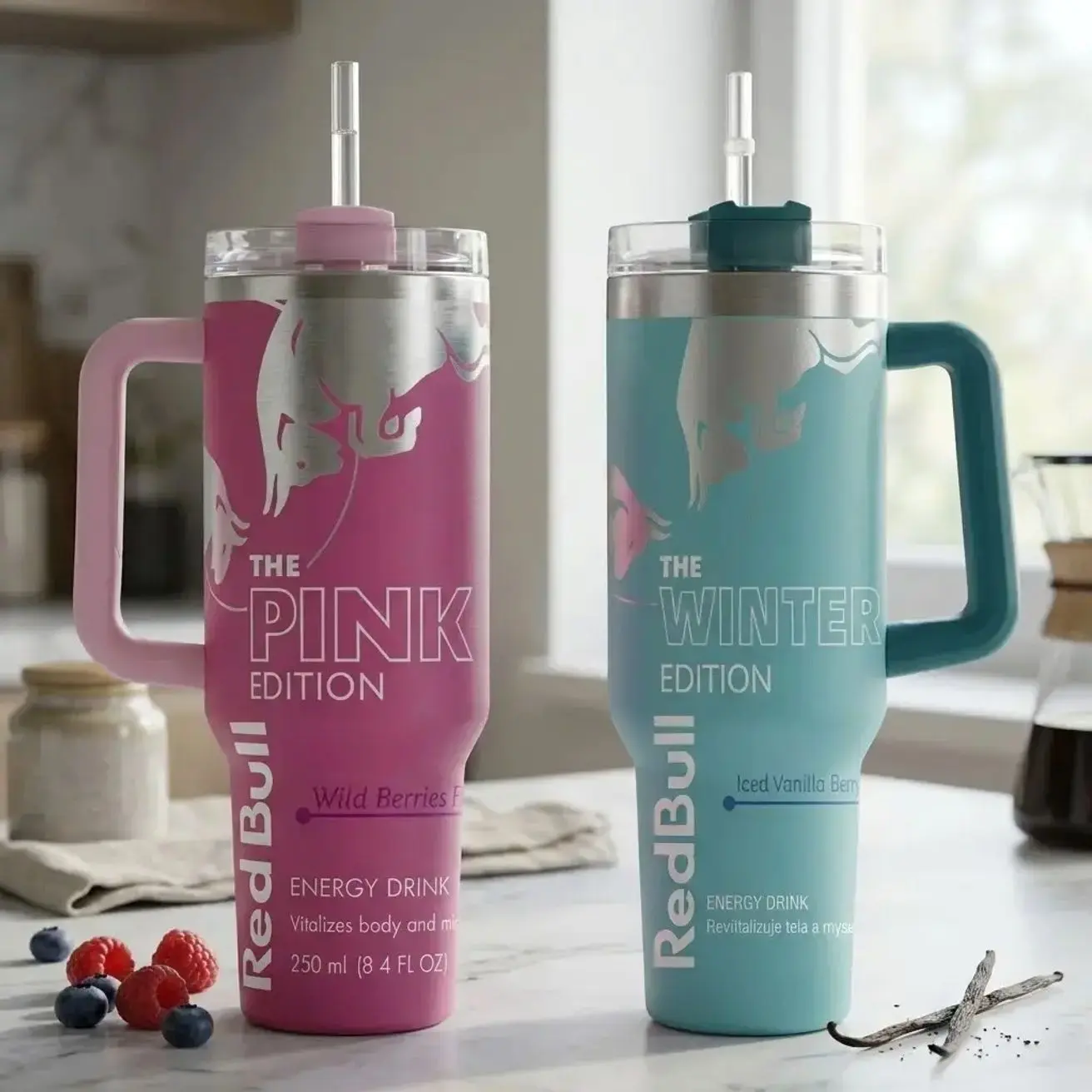 [MADE IN US] Bull Pink, Blue & White Edition 40oz Stainless Steel Tumbler With Handle and Straw, Double Wall Vacuum Insulated Travel Mug