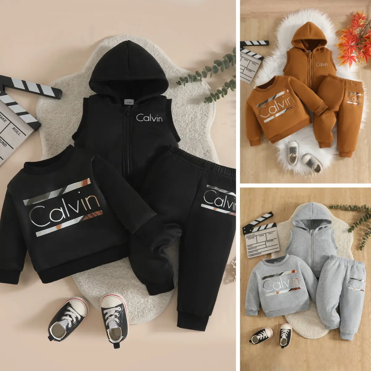 Toddler Boys 3 Piece Hooded Vest & T-Shirt Set Fall Casual Outfit with Pants for Kids