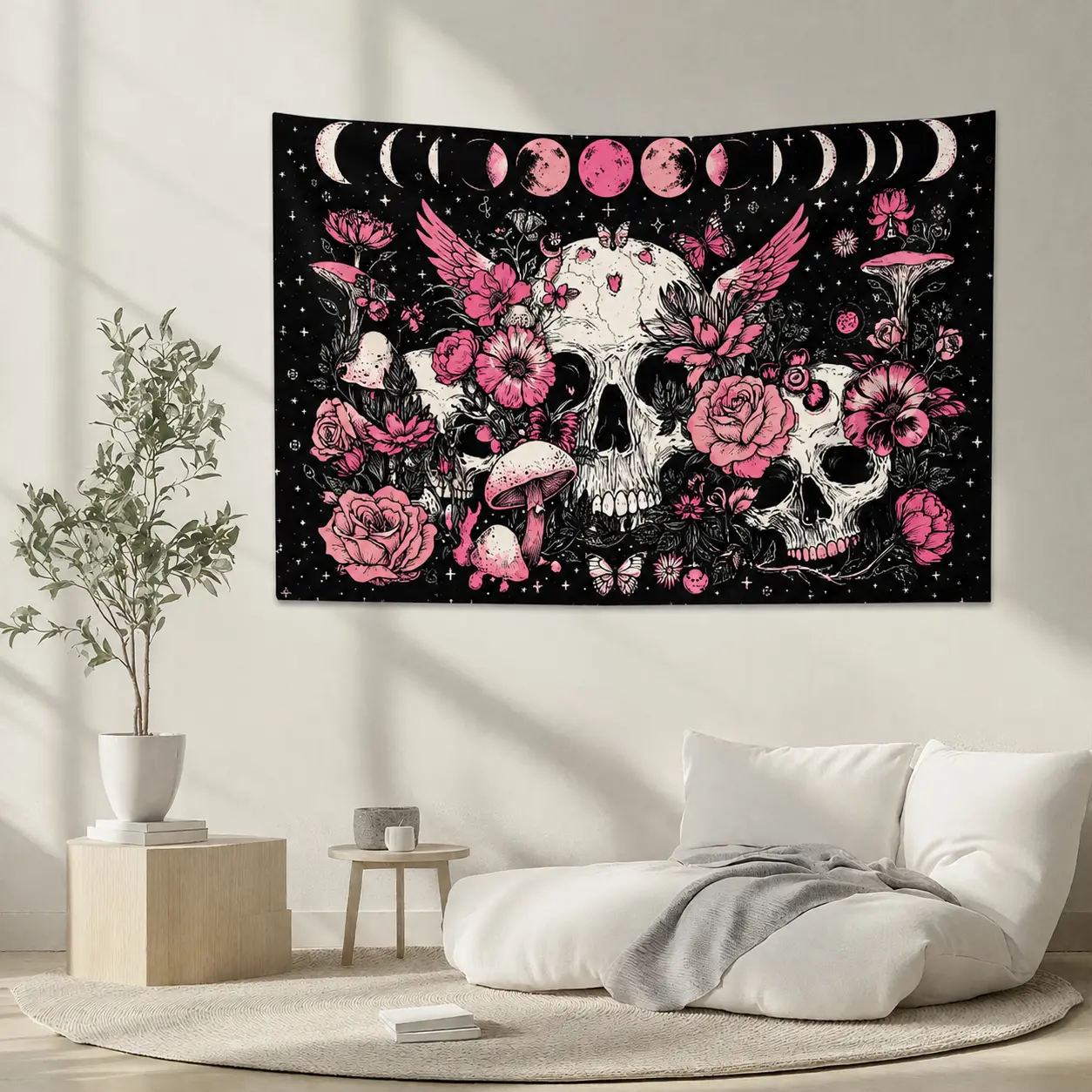 Gothic Skull Floral Wall Tapestry, Pink Rose Moon Phase Wall Hanging Art, Witchy Celestial Bedroom Decor