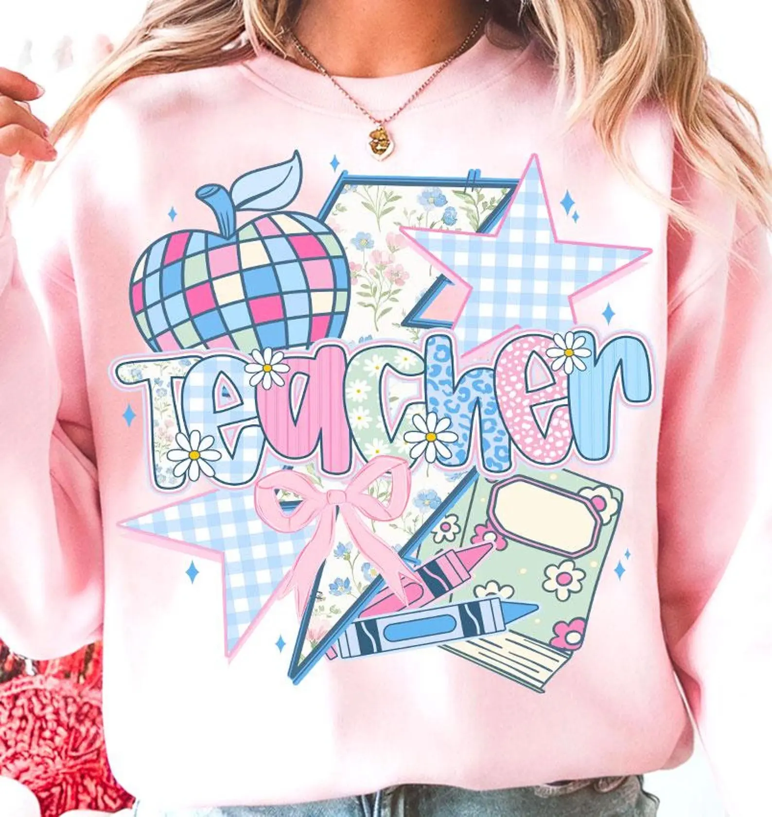 Boho Brushstroke Teacher Floral Coquette Bow Sweater, Teach Love Inspire Shirt, Retro Teaching Life Gift Png, Grandmillennial Floral Teacher Tee