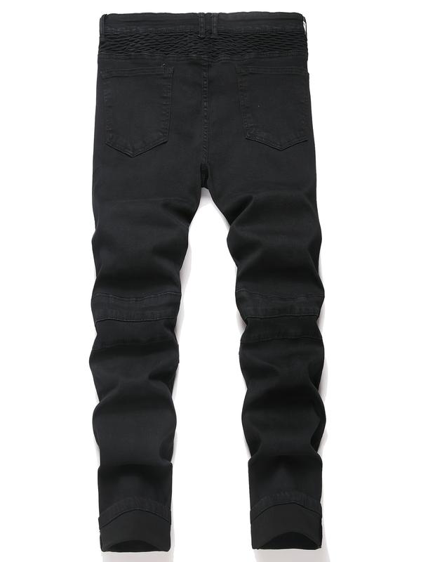 Men's Slim Fit Biker Jeans Ripped & Distressed Moto Denim Pants 100% Cotton Solid Black Color for Stylish Riders