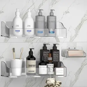 Acrylic Shower Shelves 3 Pack, Clear Adhesive Shower Organizer - No-Drill Wall Mount Storage Rack, Versatile Caddy for Bathroom & Kitchen (Transparent)