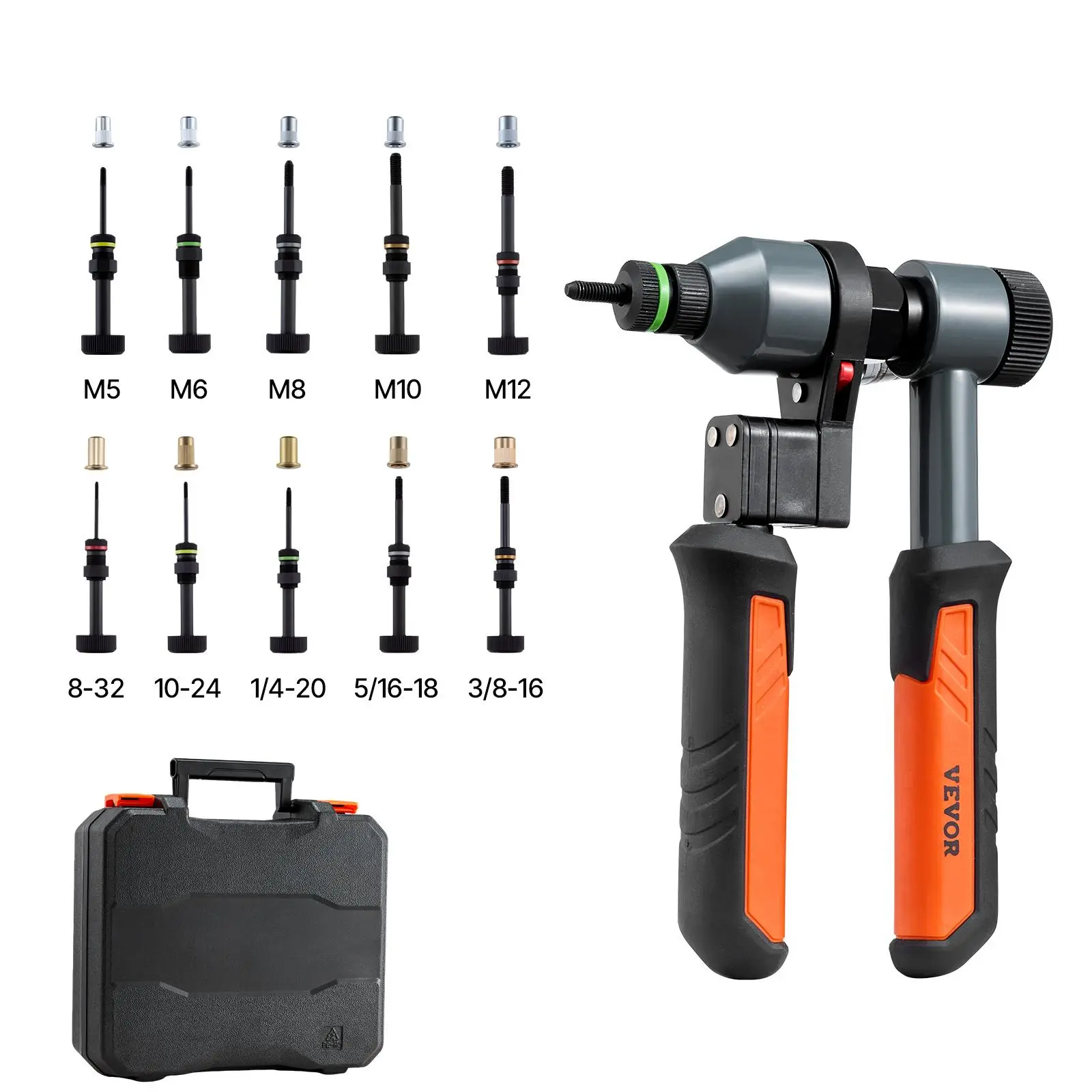 VEVOR 9-Inch Ratchet Rivet Nut Tool Kit (Hardware, Hand Tools) - Efficient Hand Riveter with Easy Change 40Cr Mandrels, Grip Handles, 10 Interchangeable Mandrels, 100 Fasteners (Metric M5-M12, SAE 8-32 to 3/8-16 UNC), Rugged Carrying Case for DIY Users