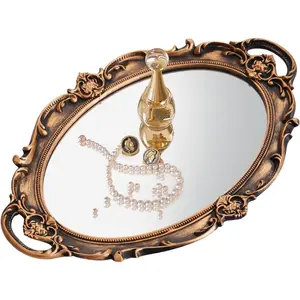 Vintage Gold Mirror Vanity Tray, Decorative Mirrored Glass Tray for Dresser Perfume Storage, Oval Antique Serving Makeup Organizer for Coquette Room Decor, Bedroom Bathroom