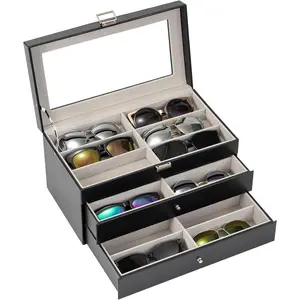 3-layer Sunglasses Storage Organizer, 18 Slots Leather Sunglass Box Multiple Pairs Eyeglass Cases Eye Glass Eyewear Display Holder for Men Women, Valentine's Day Gift -Black