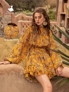 Vintage Stand Collar Ruched Lantern Sleeve Floral Print Boho Spring Dress, Perfect for Daily, Beach Vacations, Weekend Parties, Garden Parties, Casual Wear