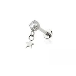 Threadless Push In CZ Crystal with Dangling Star Flat Back Stud - ASTM F-136 Implant Grade Titanium