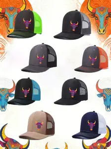 Boho Tribal Bull Trucker Hat, Neon Contrast, Ethnic Aesthetic Cap for Skateboarding, Stylish Headwear for Casual