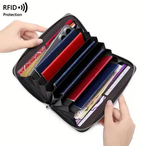Genuine Leather RFID Blocking Long Wallet for Women Multi-Functional Travel Clutch Purse with Zipper Closure Card Slots Coin Pocket & Large Phone Compartment Minimalist Solid Color Design Cardholder