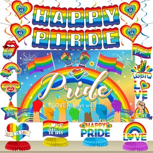 Pride Decorations Set, Happy Pride Banner, LGBTQ Pride Month Rainbow Backdrop,  Swirls, Honeycomb Centerpieces
