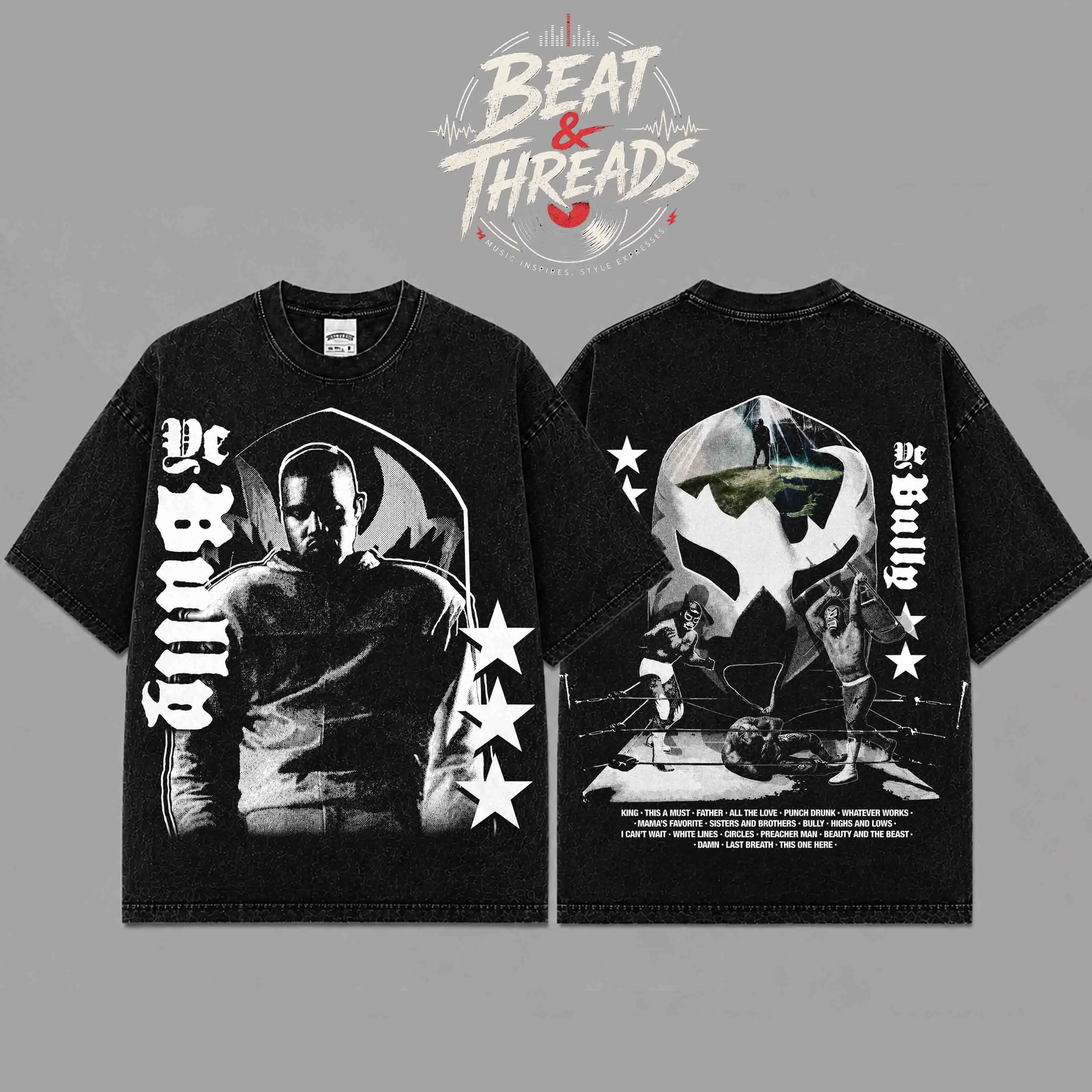 [ Beat & Threads ] YE Bully Album Inspired Tracklist Graphic Premium Acid Washed Cotton T-Shirt, Vintage Hip-Hop Streetwear Tee, Washed Black Oversized Heavyweight Shirt for Rap Music Fans, Concert Outfit, Unisex Graphic Tee, Soft Breathable Cotton