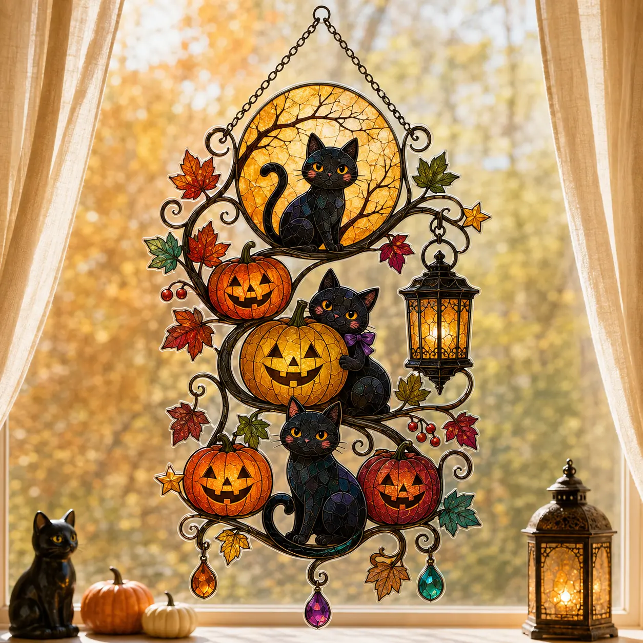 Halloween Black Cat Pumpkin Acrylic Suncatcher, Faux Stained Glass Window Hanging, Jack O Lantern Autumn Decor