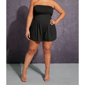 [Plus Size] Black Tube Romper, CasualCurvy Minimalist Sleeveless Romper Summer, Women's Clothes Daily Wear, Womenswear green sleeve bespoke blue white