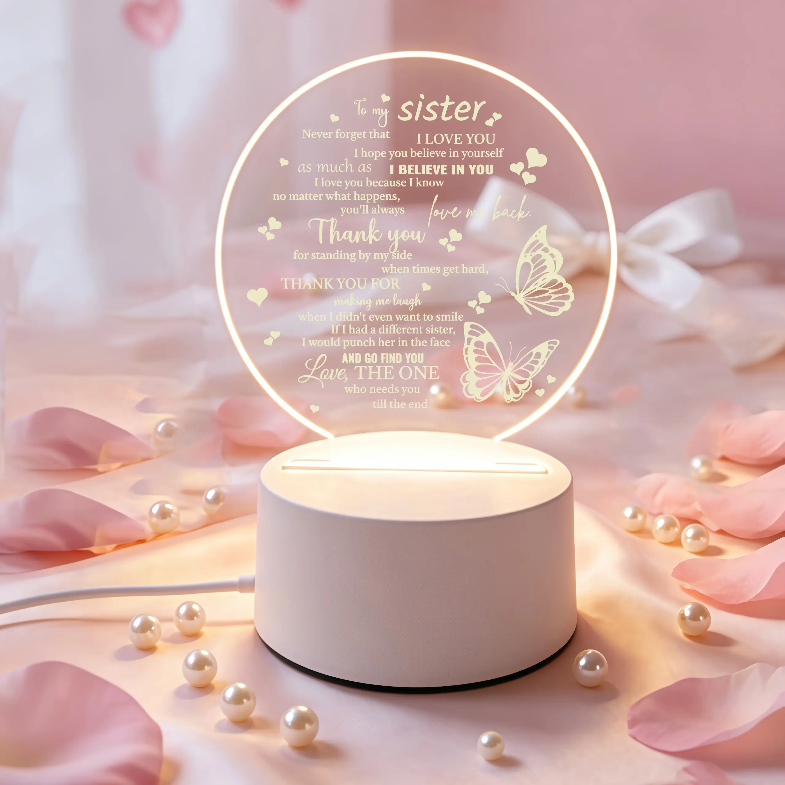 To My Sister Flat Acrylic LED Night Light - Butterfly Quote Decorative Atmosphere Lamp, Backlit LED Decoration Lamp, Butterfly Themed Warm Glow Gift for Desktop Bedside (Birthday Christmas Bedroom Decor), Butterfly Led Lights