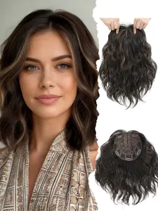 12 Inch Short Wavy Dark Synthetic Hair Topper, Lightweight Breathable Base, Natural Fluffy Volume, Complete Scalp Coverage, Synthetic Wavy Curly, Synthetic Wigs, Natural Looking Wig
