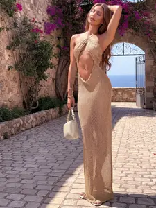 EDOLYNSA Knitted dress Hollow Halter beach wear Transparent sexy Sheer Cover Up swimsuit cover-up Swimsuit Cover Ups vacation outfit versatile Knitwear Women's Wear K232 Asymmetrical Backless Dress