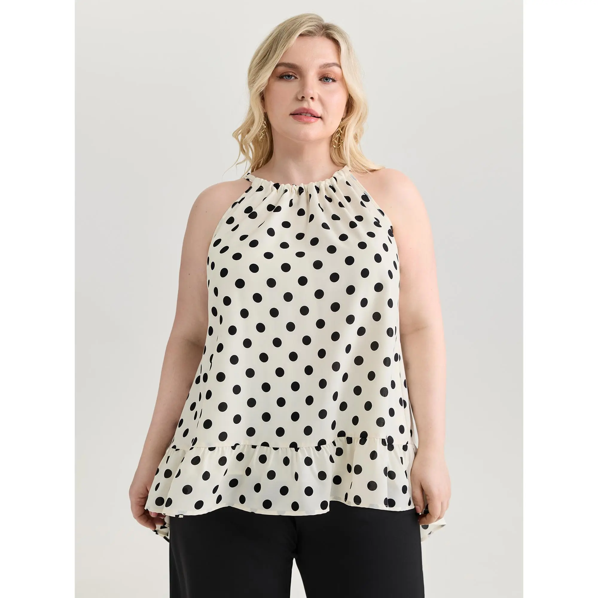 BloomChic Women's Plus Size Polka Dot Halter Neck Sleeveless Tank Top - Casual Loose Flowy Polyester Blouse, Low Iron, Machine Wash, Non-Stretch, Wash With Like Colors