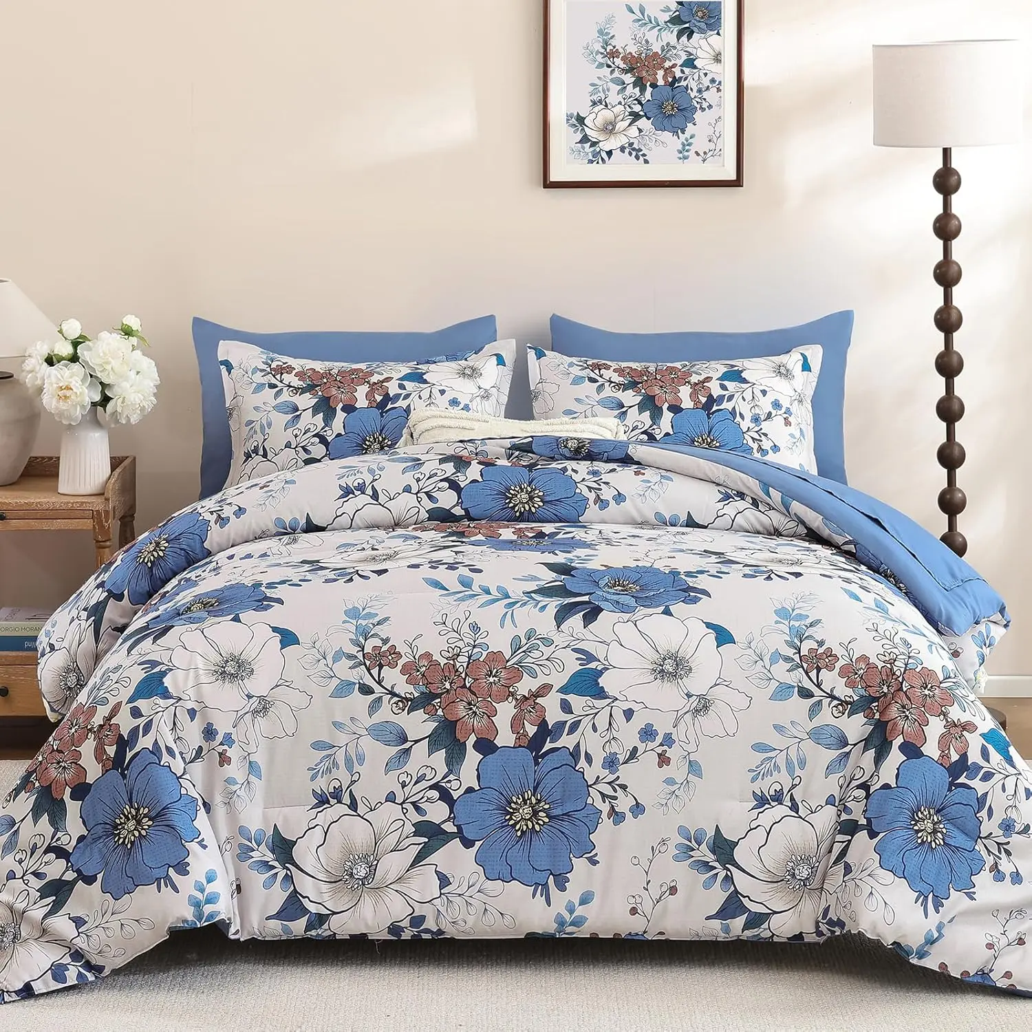 Blue Floral Comforter Set Queen Size 7 Pieces Bed in a Bag Flower Comforter Set with Sheet, Pillowcases, Pillowshams, Soft Microfiber Bedding Set for All Season (Queen 90''x90'')