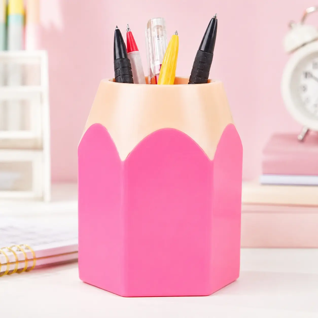 2-in-1 Makeup Brush Holder & Pen Organizer, Color Block Plastic Cosmetic Storage with Anti-Slip Base, Dustproof Desktop Organizer for Students School Supplies, Makeup Brushes Pens Desk Container, Pen Holders
