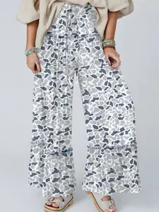 Women’s Wide Leg Casual Pants Drawstring Elastic Waist Leopard Camo Print Palazzo Pants Loose Fit Comfy Beach Vacation Lounge Trousers