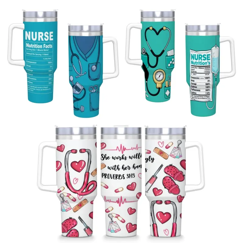 Nurse Themed 40oz Tumbler With Handle, Stainless Steel Insulated Travel Cup, Cute Medical Stethoscope Print Mug, Gift for RN LPN Nurse Practitioner, Large Water Cup For Work Hospital Drinkware