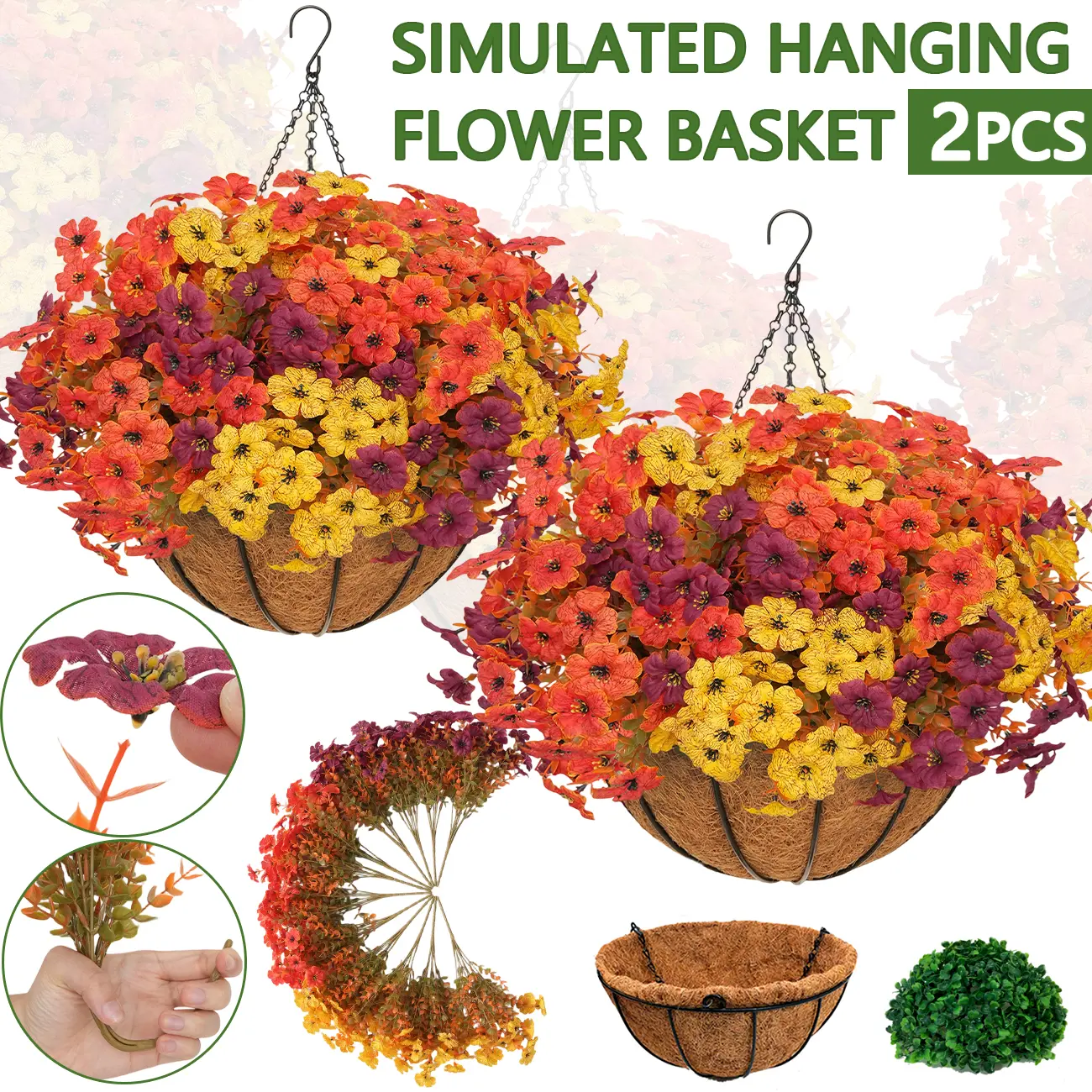 2 Pcs Autumn Daisy Artificial Hanging Flower Baskets - Includes 2 Hanging Pots, 24 Flowers - Aesthetic Home Decor, Outdoor Decor for Front Porch, Garden, Patio