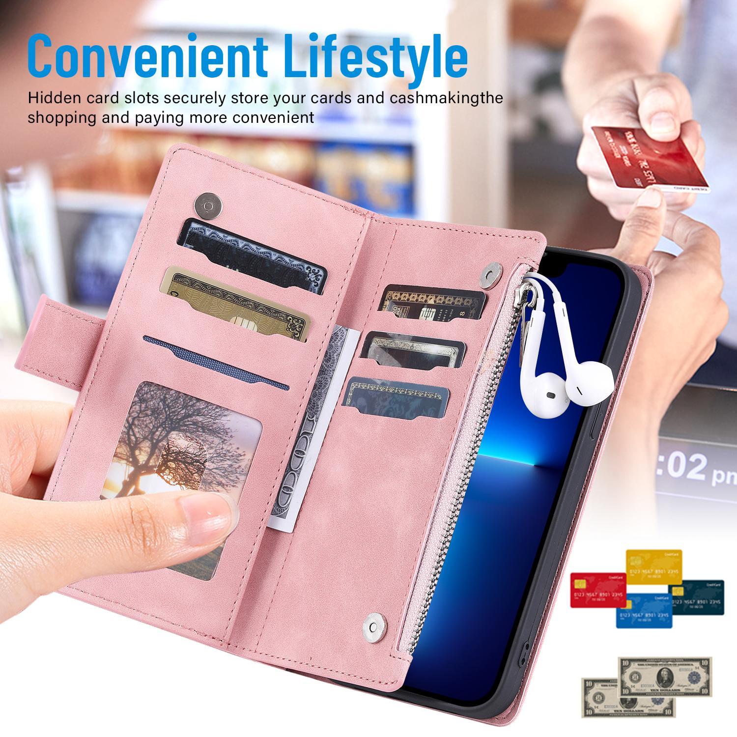 Wallet Case For iPhone 17 16 15 14 13 12 11 Pro Max, PU Leather Phone Case with Card Holder Kickstand & Wrist Strap Cover Magnetic Closure Flip Handbag Zipper Purse Shell for Women Girls