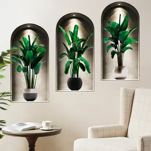 3-piece set, Nordic green plant themed simulated arched window flower basin wall sticker, self-adhesive removable decorative sticker, suitable for wall decoration in living rooms, dining rooms, and study rooms, Home Decor