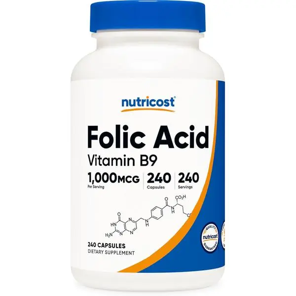 Nutricost High Quality Folic Acid (Vitamin B9) Gluten-Free Dietary Supplement - 1000 mcg, 240 Capsules, FDA Registered Facility