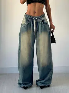 Women's Vintage Wash Blue Wide Leg Jeans with Back Cutout Design, Adjustable Drawstring Waist, Loose-Fitting Casual Pants for All Seasons