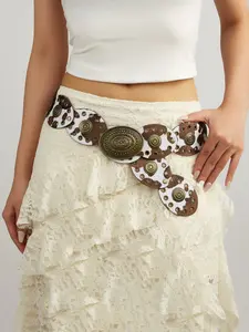 Women's Cow Print Faux Fur Western Belt, Oval Rivet Design, Alloy Buckle, Casual Fashion Accessory for Pants, Skirts, Dresses