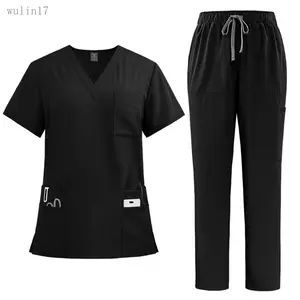 Women's 2025 Professional Medical Scrubs Set - Scrubs for Women, Comfortable Fitted Minimalist V-neck Top with Patch Pockets, Straight Pants, Polyester Knit Fabric for Doctors